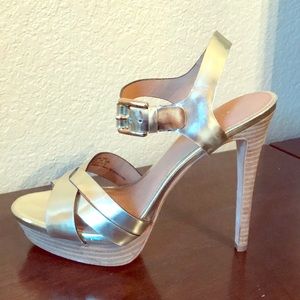 Coach Gold Dani Stacked Wood Platform Heel, 7B